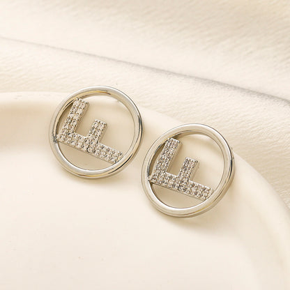 304 Stainless Steel Pave Round F-Motif Stud Earrings