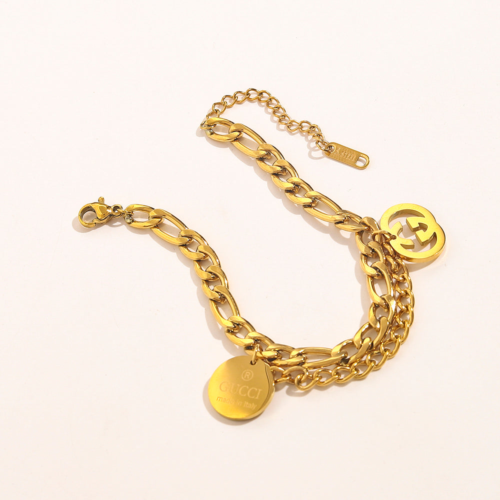 304 Stainless Steel Double-Chain Coin Charm Bracelet