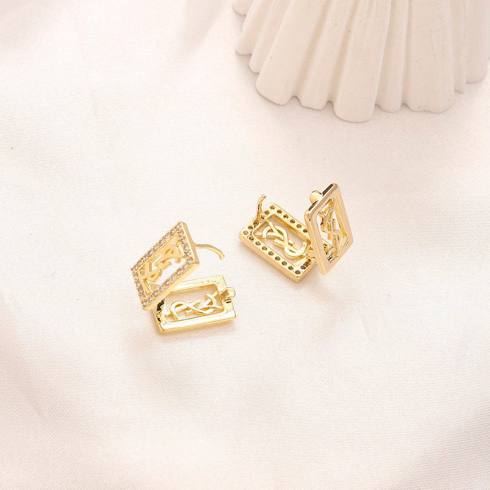 304 Stainless Steel Pave Rectangle Monogram Stud Earrings