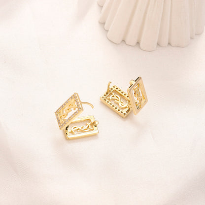 304 Stainless Steel Pave Rectangle Monogram Stud Earrings