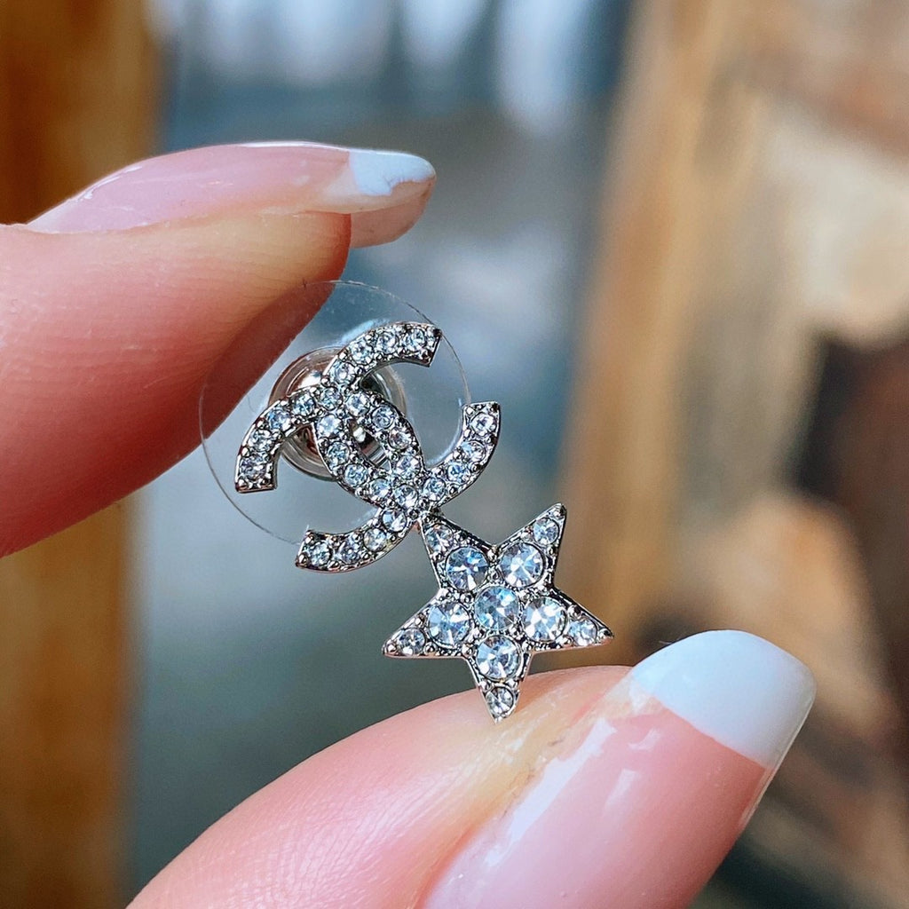 Pave Interlocking-C & Star Stud Earrings