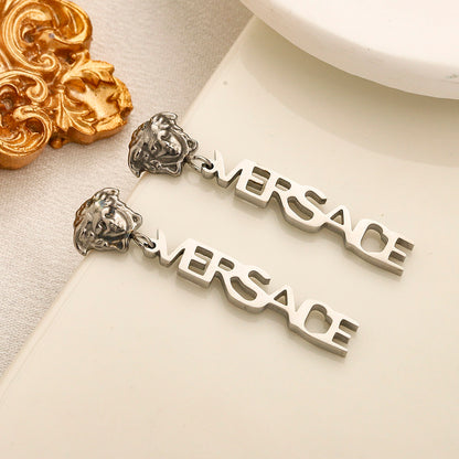 304 Stainless Steel Medusa & Vertical Letter Drop Earrings