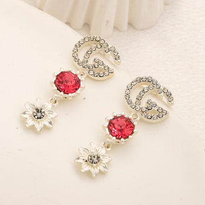 304 Stainless Steel Floral Stone Interlocking-G Dangle Earrings