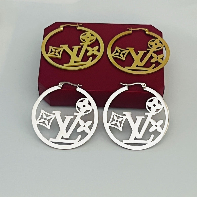 304 Stainless Steel Floral Monogram Hoop Earrings