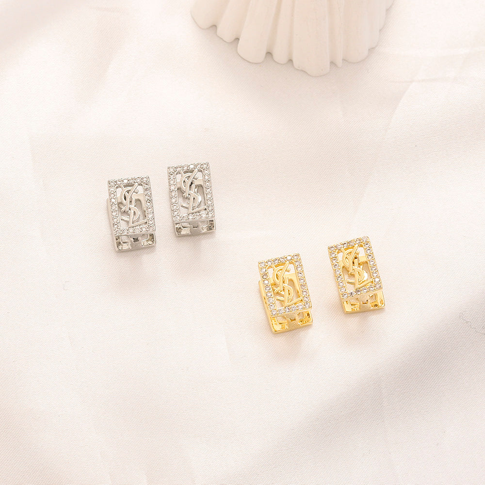 304 Stainless Steel Pave Rectangle Monogram Stud Earrings