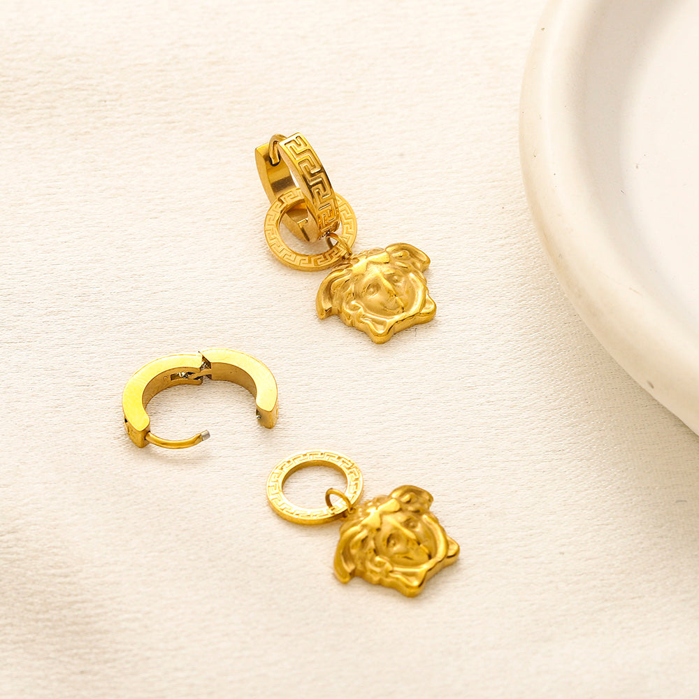 304 Stainless Steel Hexagonal Medusa Charm Huggie Earrings