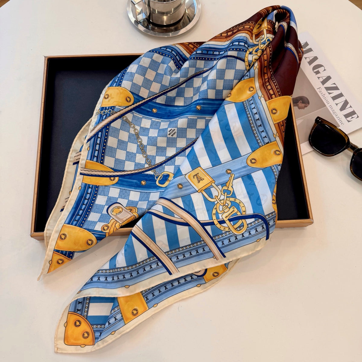 Checkered Trunk Print Square Scarf - 90 x 90 cm