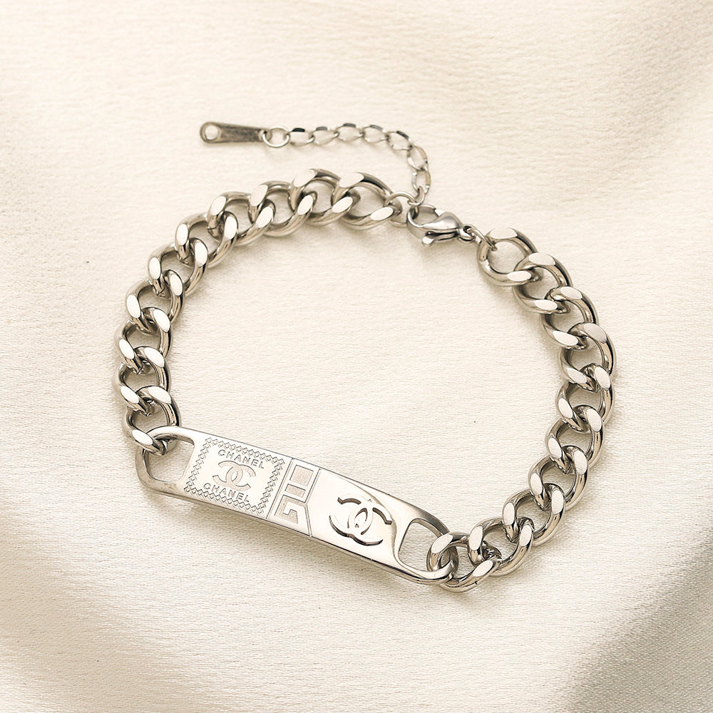 304 Stainless Steel Engraved Monogram Plate Chain Bracelet