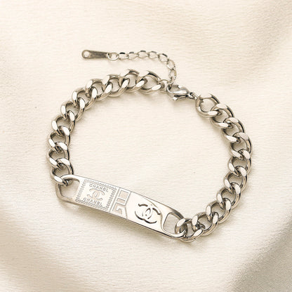 304 Stainless Steel Engraved Monogram Plate Chain Bracelet