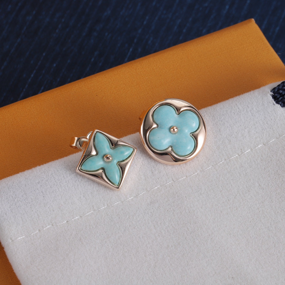 Turquoise-Tone Asymmetric Floral Stud Earrings